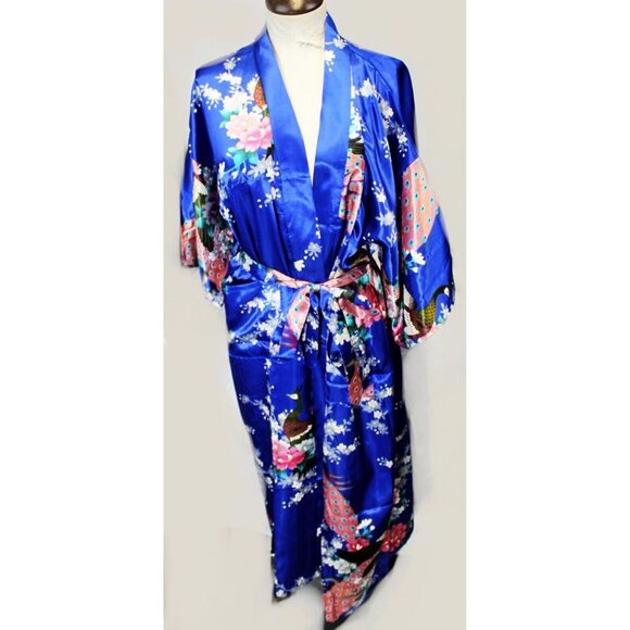 Blue Satin Japanese Kimono Style Floral Peacock Womens M Short Tie Robe - Picture 12 of 12